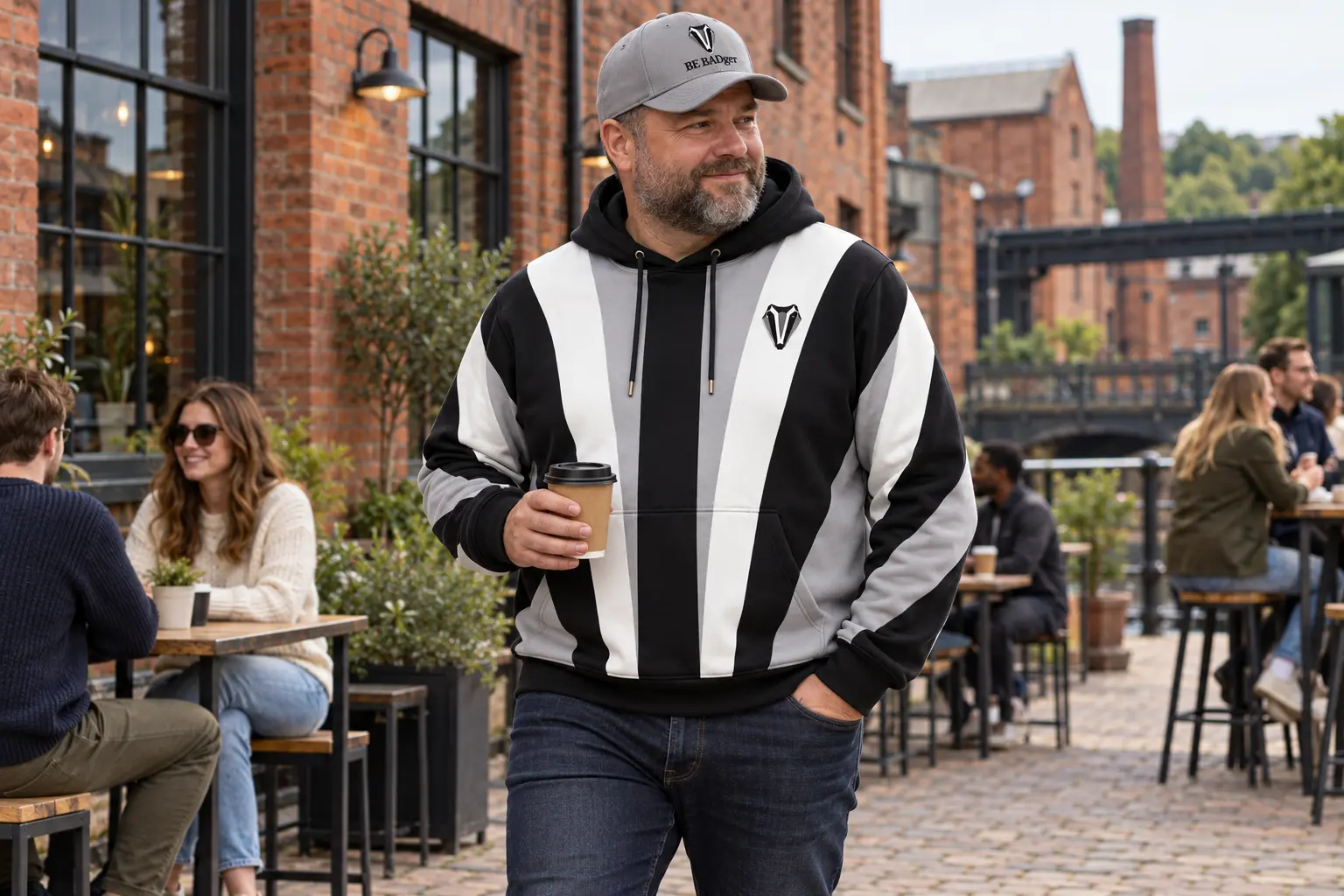 BE BADger clothing worn at coffee run in Manchester