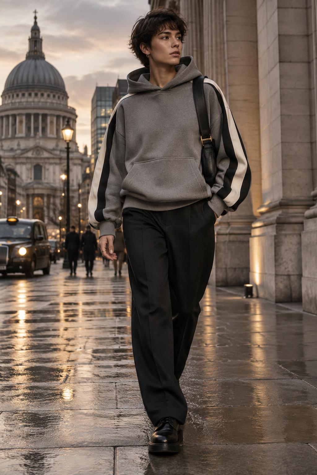 Model wearing the striped BE BADger signature hoodie on a London street